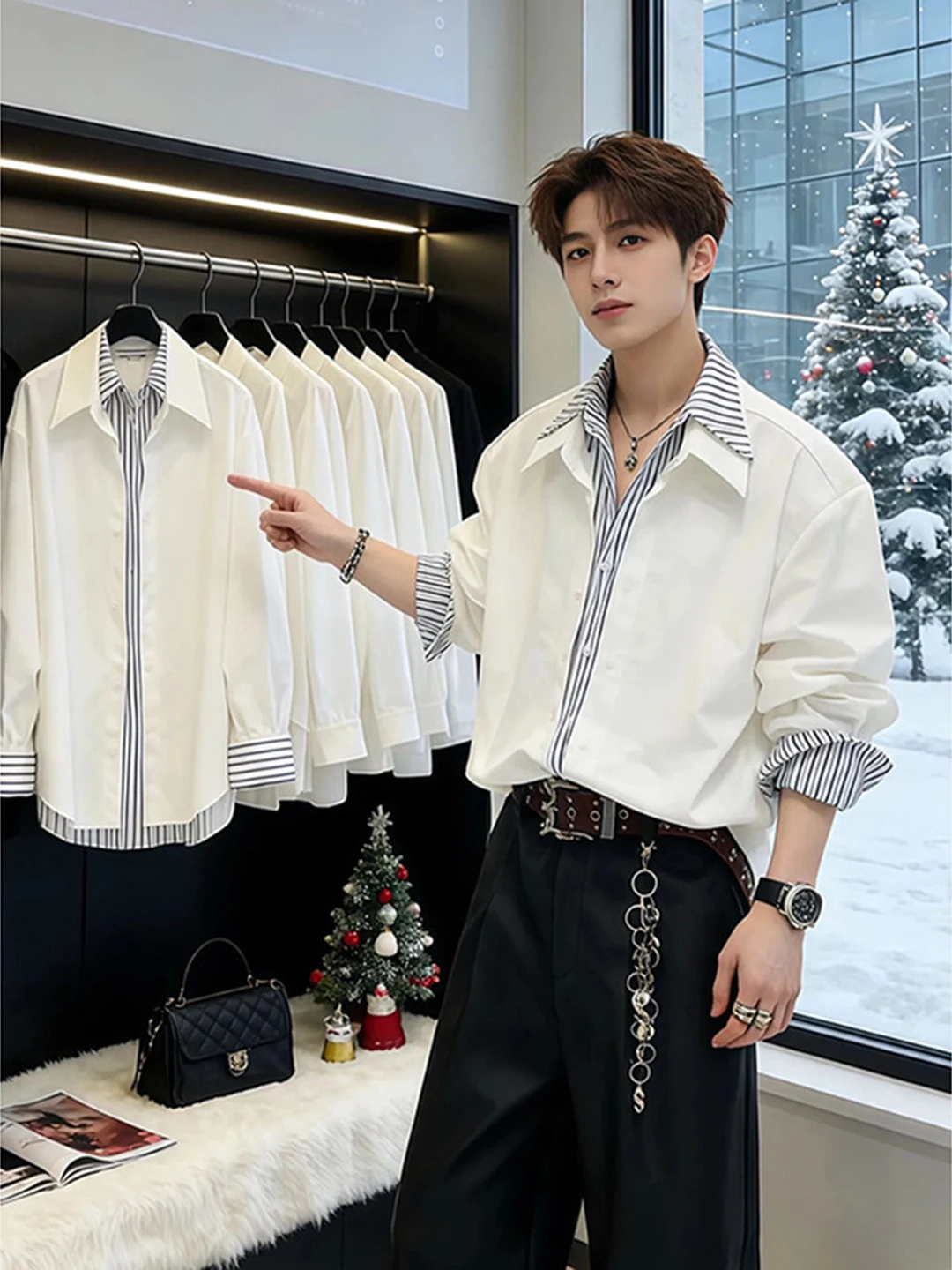 

Белая корейская мужская рубашка-обманка (имитация двухслойности) с длинным рукавом, в полоску, с цветовыми блоками, для весны и осени, повседневная, свободного кроя