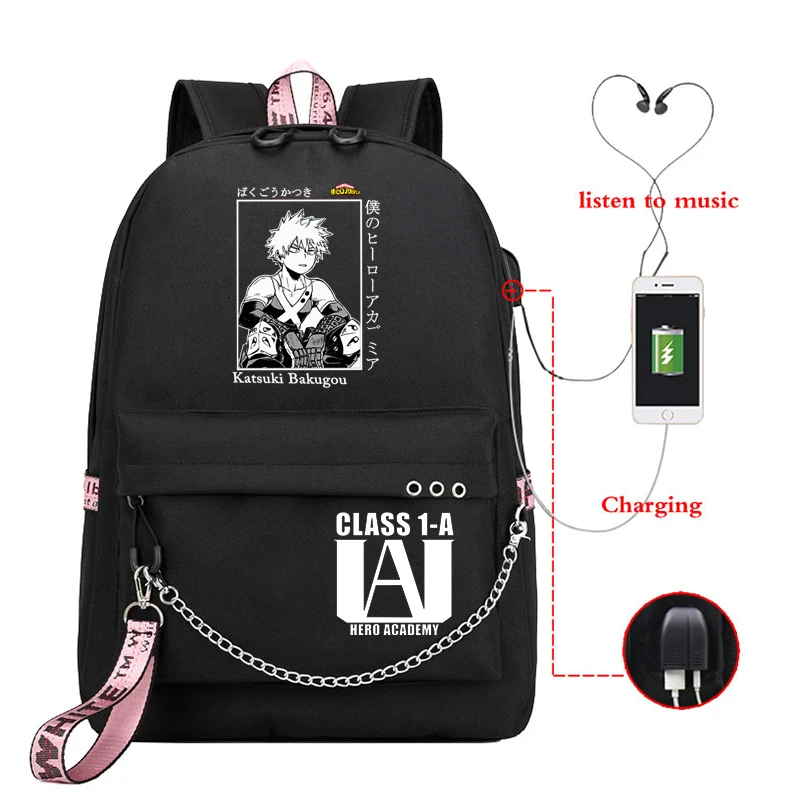 Anime meu herói academia deku bakugou boku nenhum herói academia sacos de escola para meninas feminino portátil mochila usb escola mochila sacos