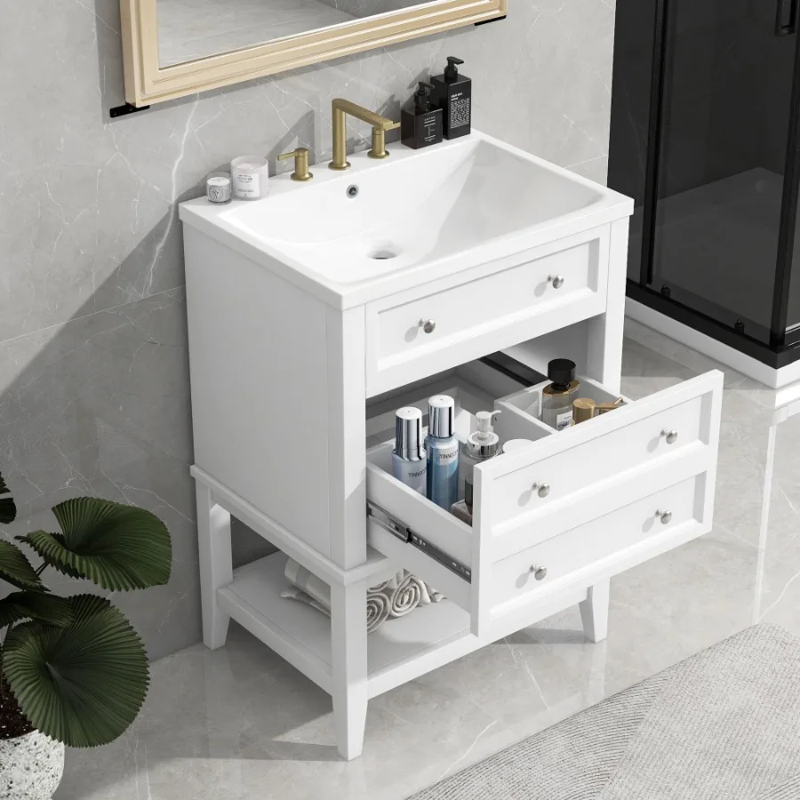 

24 Bathroom Vanity With Sink Bathroom Storage Cabinet with Drawer and Open Shelf Solid Wood Frame White