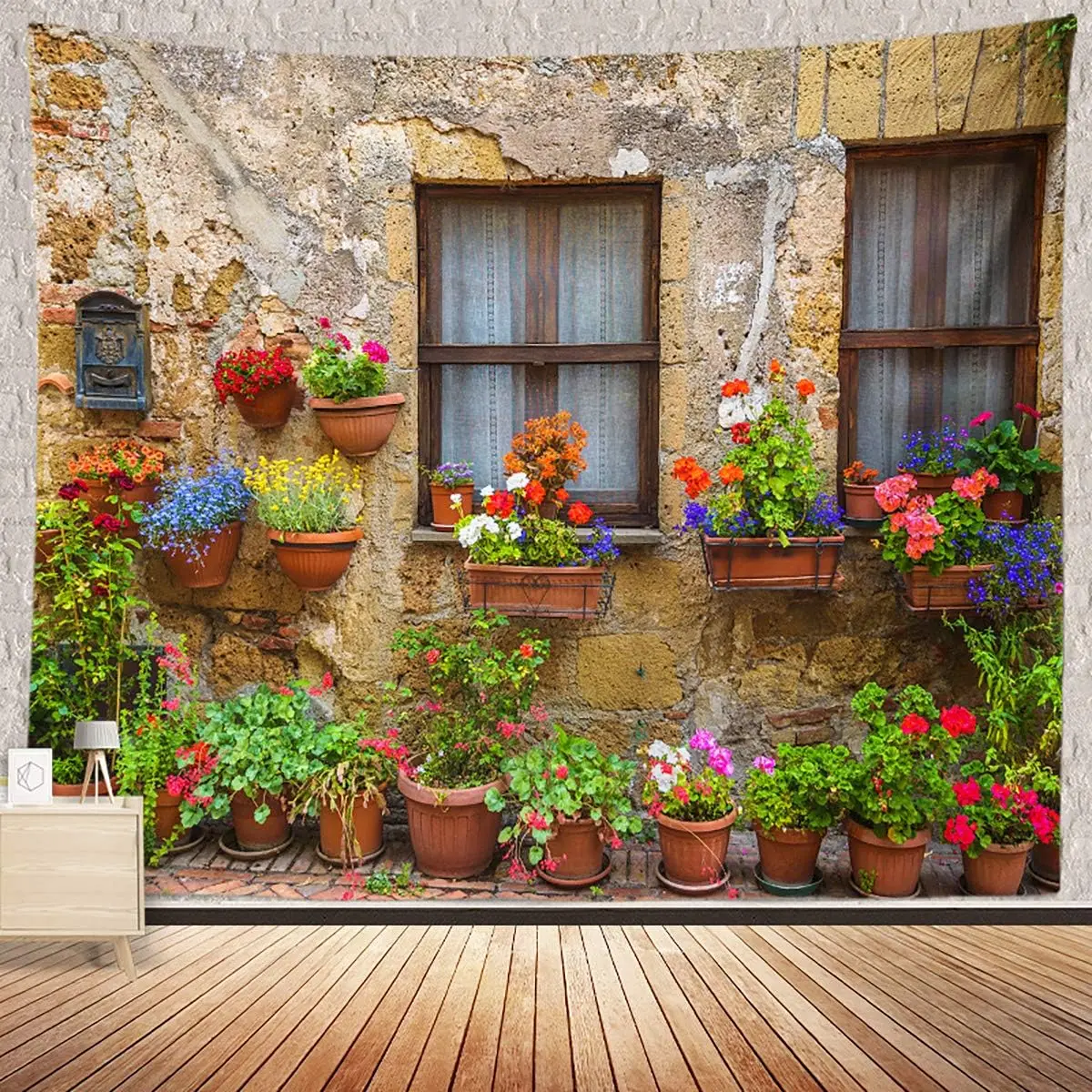 Tuscany Tapestry Italy Old Stone Wall Flowers Windows Decor Wall Hangings Large for Bedroom Living Room Dorm Man Cave