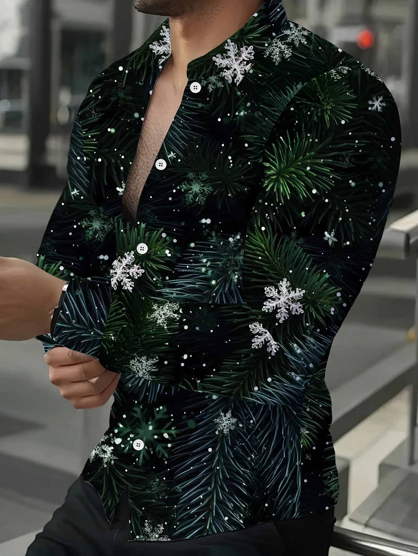 Men Long Sleeve Button Down Shirt Christmas Pine Branch Snowflake Print Polyester Lapel Collar Holiday Party
