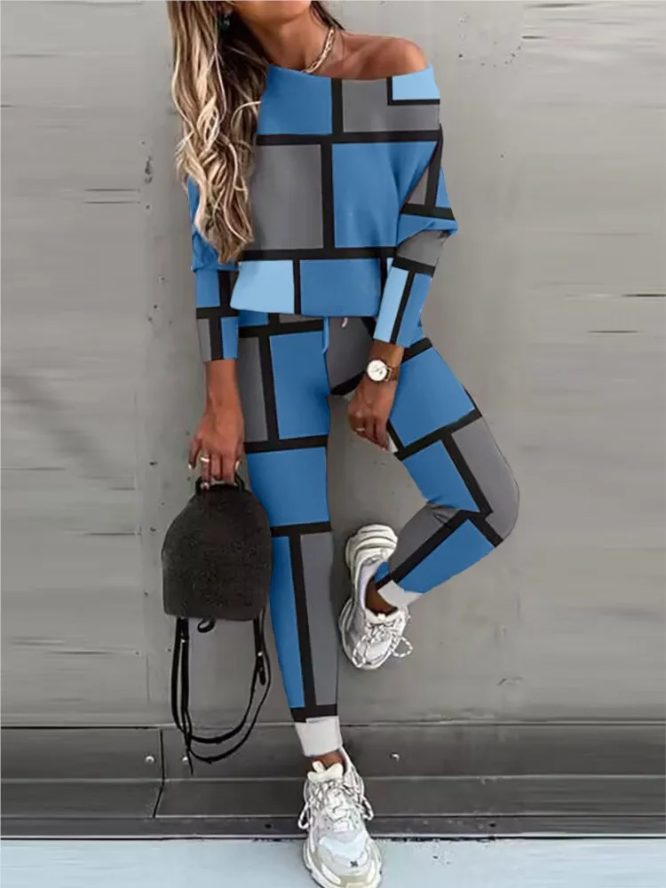 Autumn Winter New Geometric Printed Women Long Sleeve T Shirt Sports Suit Simple Fashion Lace Up Casual Pants Female 2 Piece Set