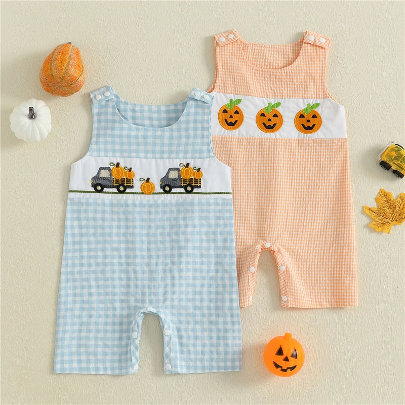 

Baby Boys Girls Clothes Halloween Jumpsuit Sleeveless Crewneck Car Pumpkin Embroidery Romper Fashion Infant Newborn Clothes