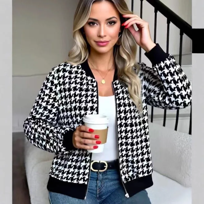 المرأة سترة فضفاضة غير رسمية ربيع الخريف موضة جديدة منقوشة سحاب مطبوع سترة طويلة الأكمام سترة واسعة التنقل تنوعا