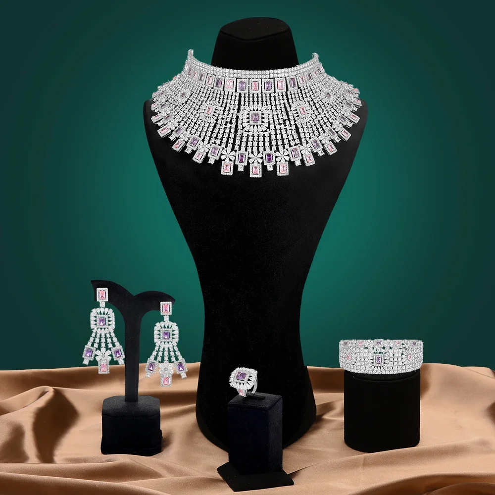 

Soramoore Luxury 4PCS Chokers Necklace Earring Sets Cubic Zirconia jewelry Sets for women Wedding Indian Bridal Jewelry Sets 202