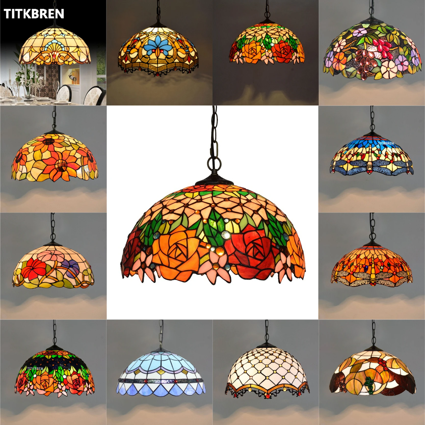 Tiffany Style Pendant Light Mediterranean Baroque Art Stained Glass Hanging Lamp Kitchen Lighting Fixture Chandelier Dia 40cm