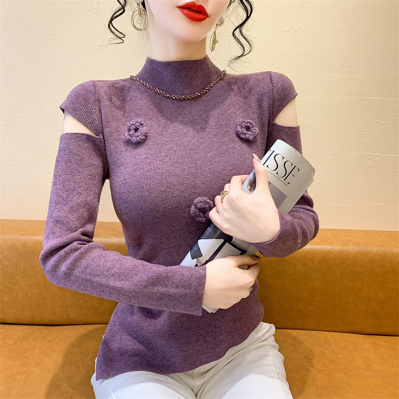 女性用透かし彫りニットセーター,3Dフラワー,ビーズトップ,長袖プルオーバー,ヨーロッパの服,シック,新しい,秋,冬,41179, 2022