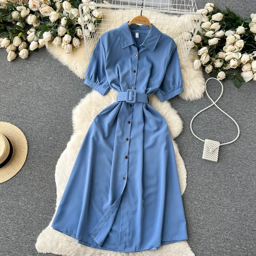 Summer Vintage Green/Blue/Red Turn-Down Collar Single Breasted Dress Casual Short Sleeve High Waist A-Line Midi Robe New Fashion