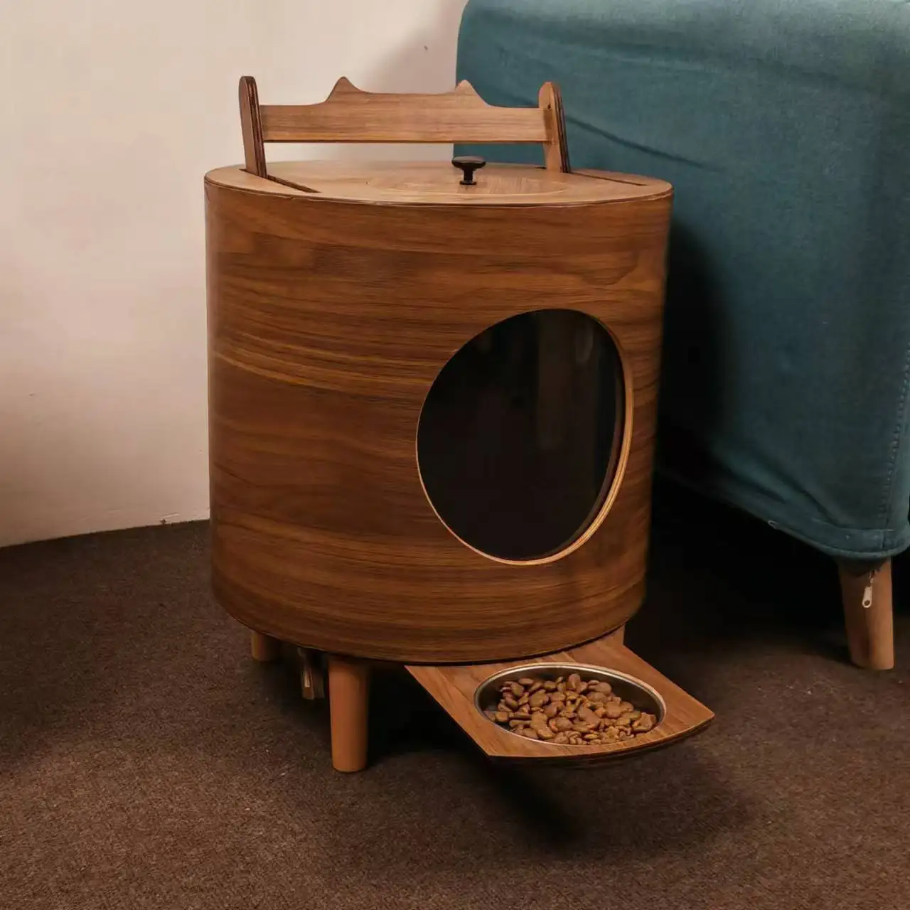 [Smoked Walnut] Qu Mu Pet Feeder Store Grain Cats and dogs Feed Wooden Store Grain Moisture-proof Retro Wind Store Grain