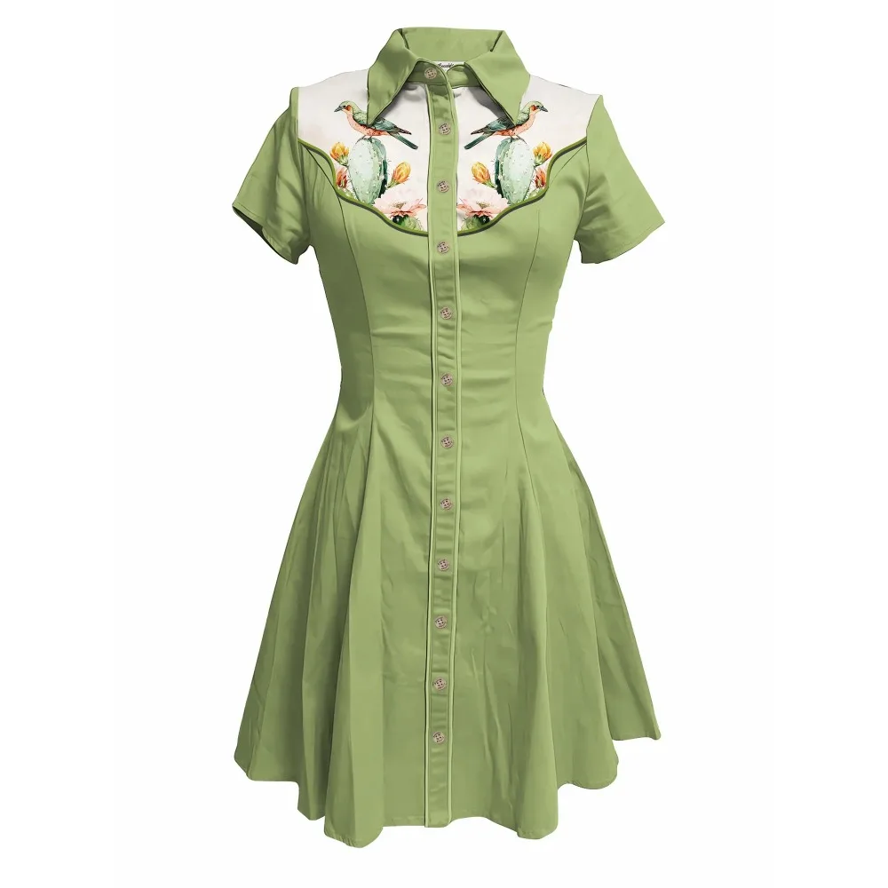 นกและดอกไม้พิมพ์ผู้หญิงชุดคาวบอยตะวันตกแขนสั้นปุ่มลงผ้าฝ้าย 100% เซ็กซี่ชุดลําลองบางชุดสีชมพู