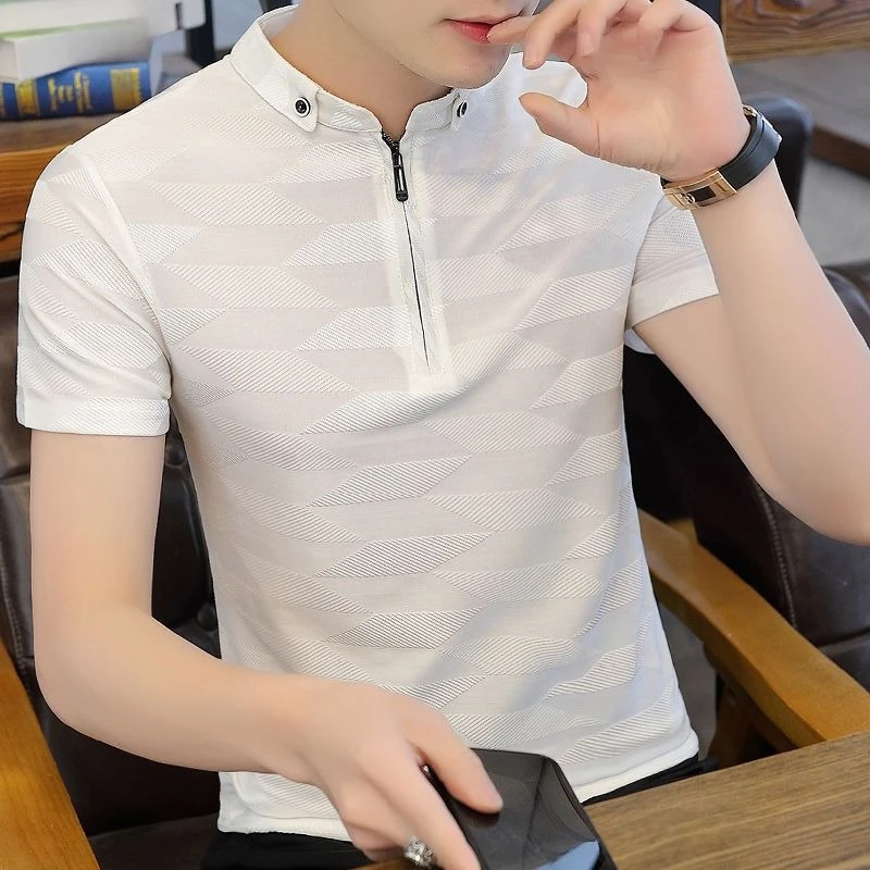 

Men's Summer Polo Shirt Half Zip Style Short Sleeve Collar Ice Silk Breathable Lightweight Jacquard for Youth Latest Trend