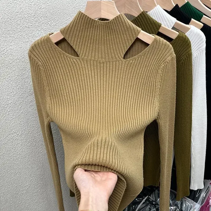 Blusa elegante de punto para mujer, jerséis ahuecados, Sexy, ropa coreana para mujer, camisa de fondo de manga completa sólida, Otoño e Invierno