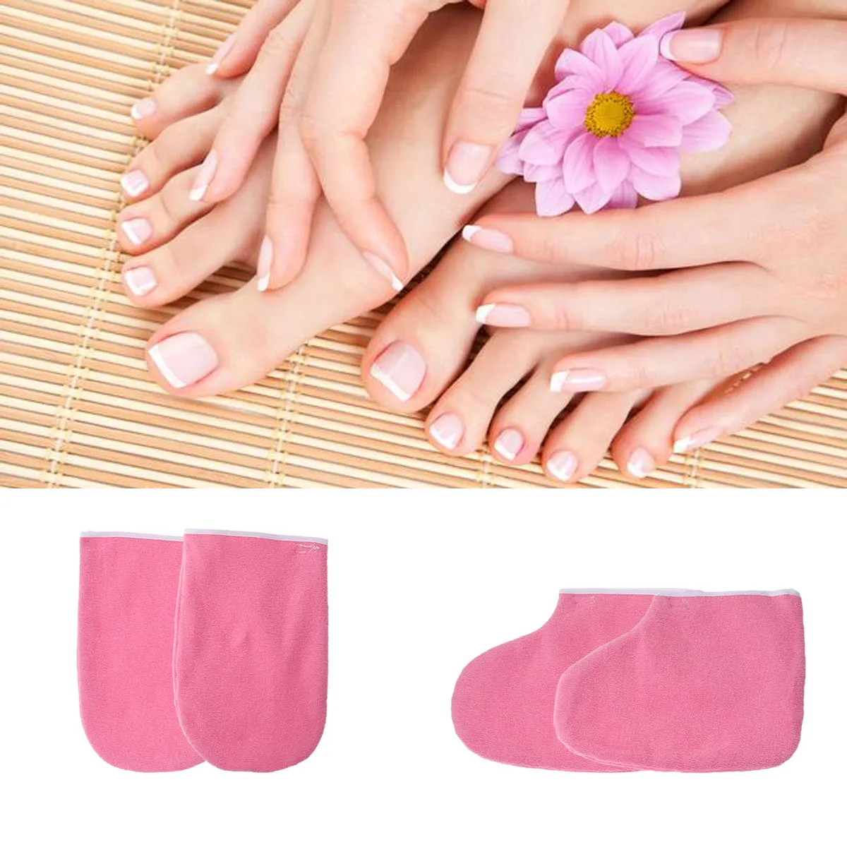 

2Pairs Paraffin Wax Gloves Booties Cloth Snap Closure Washable Heat Retention Warmers Manicure Foot Care Beauty Gloves