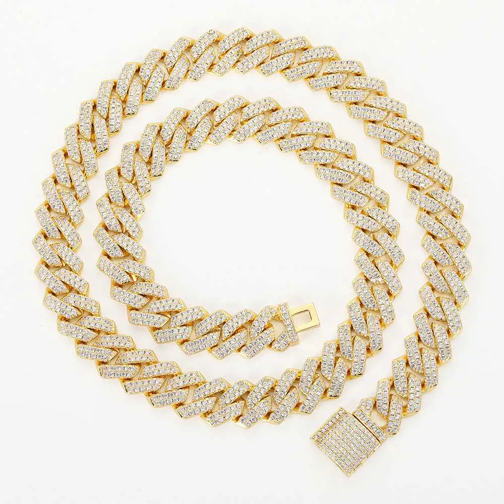 

14mm Mens Cadena 18k Gold Plated Iced Out CZ Miami Cuban Link Rhombus Necklace Diamond Bling Hip Hop Cuban Chain Jewelry