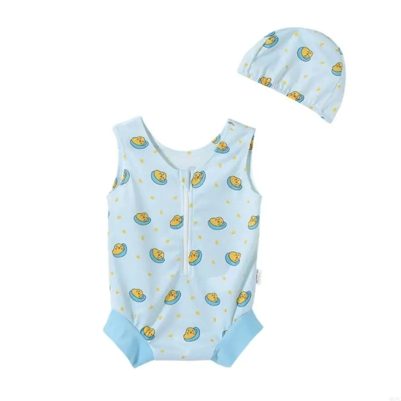

M89C 1 Set Baby Bathing Suit Hat Soft Fabric Bright Color Pattern UPF50+ Protections