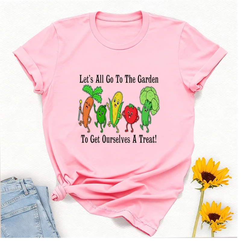 Wegański Koszulka dla dorosłych z nadrukiem: Wszyscy do ogrodu, pożyczymy sobie smakołyki! Vegetarian, zdrowy strój, miłośnik warzyw, ogrodnik.