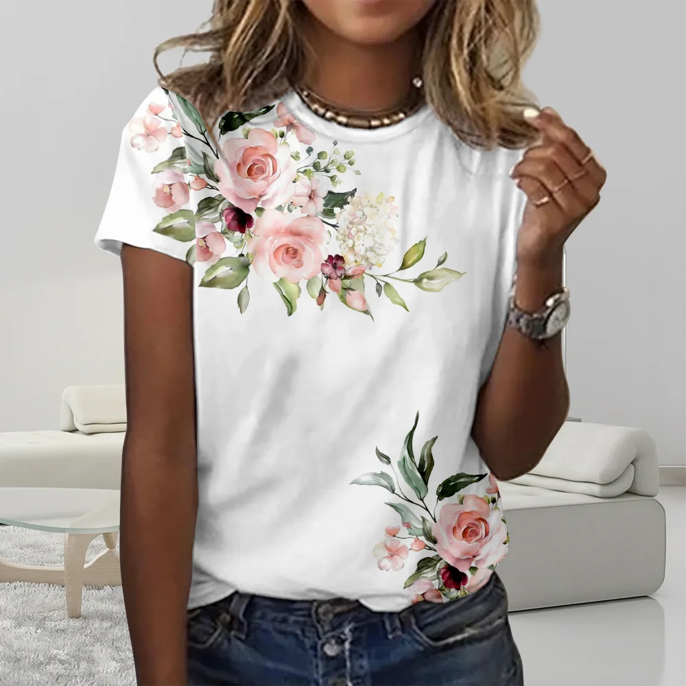 

Summer T Shirt Women Retro Short Sleeve Flora T-shirt Fashion Tee Y2k Top Oversized Shirt O-Neck Basic Top Casual Clothes Blusa