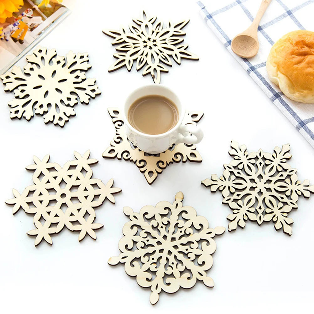 

6pcs Wooden Snowflake Coasters 12Cm Hollow Cup Pad For Beer Wine Coffee Table Protector Gift Home Kitchen Party Wedding Wood Mug