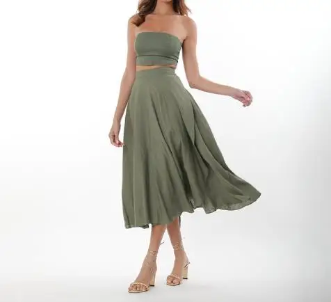 

2025 Women's New Solid Color Sleeveless Skirt Set with Wrapped Chest Top and Strap Summer Fashion Woman Casual Skirts Outfits