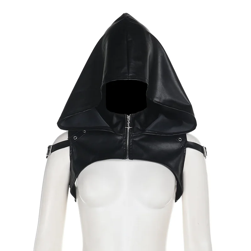 Goth Dark Punk Style Sleeveless Zip Hooded Crop Tops Women Cyber Y2K Faux Pu Leather Hoodies Smock Mall Gothic Streetwear 2025