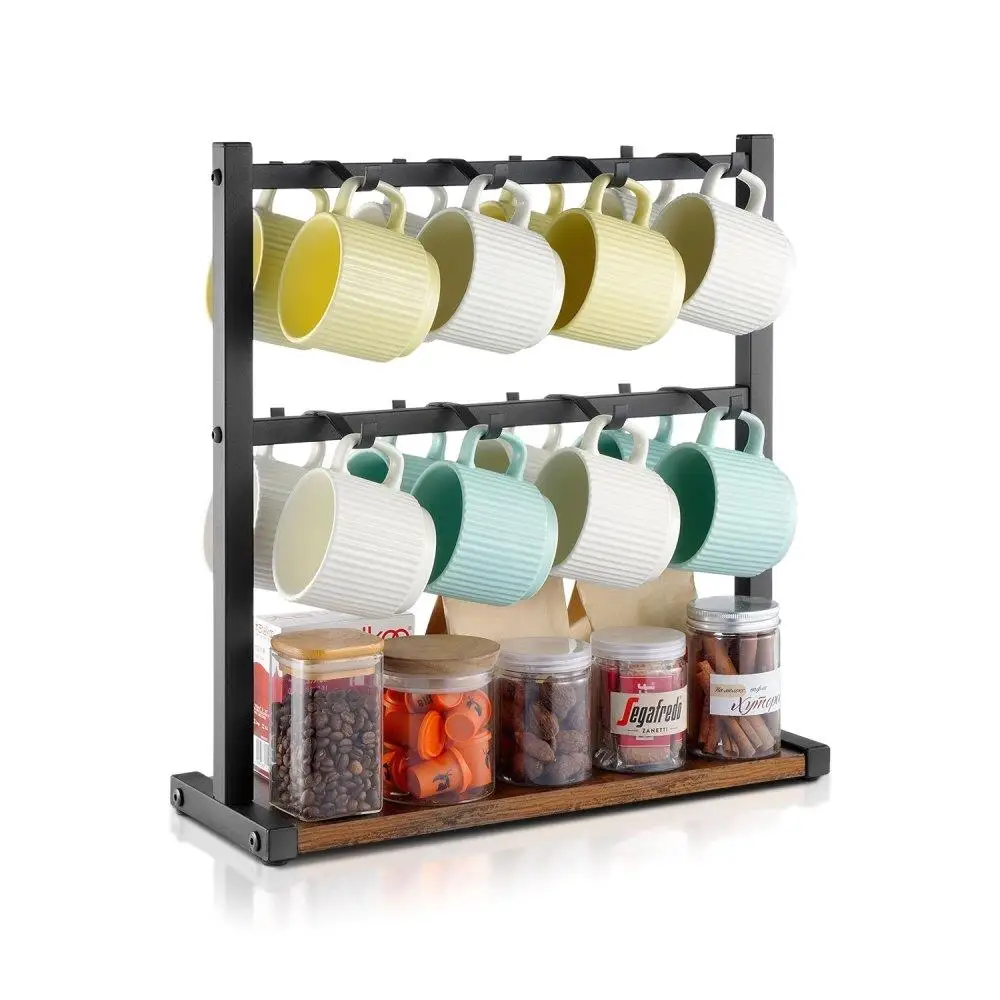 

16 Hook Coffee Mug Holder for countertop Wood Storage Organizer