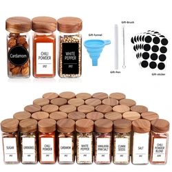 12pcs Wood Cover Glass Spice Jars Square Transparent Seasoning Storage Bottles Kitchen Salt Spices Ground Pepper Sealing Tools