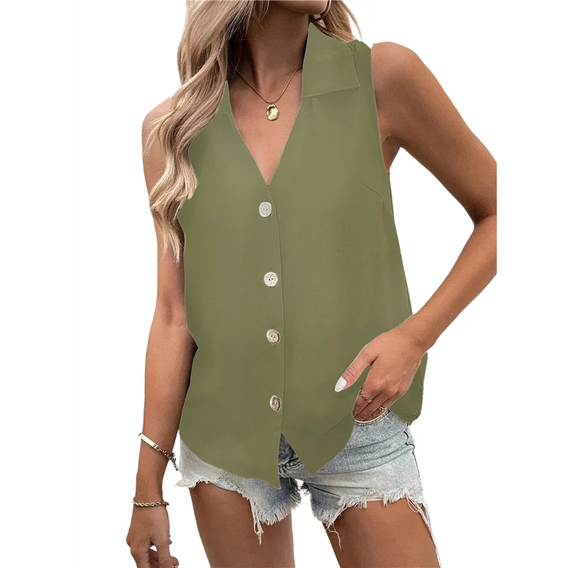 

【SEE】Women's Casual Collar V Neck Button Down Sleeveless Tunic Blouse Shirt Tank Top