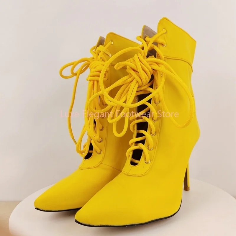 Yellow Lace Up Pointed Toe Hollow Ankle Boots Women Solid Cross-Strap Thin Heel Short Boots Fashion Trendy Autumn Winter Shoes