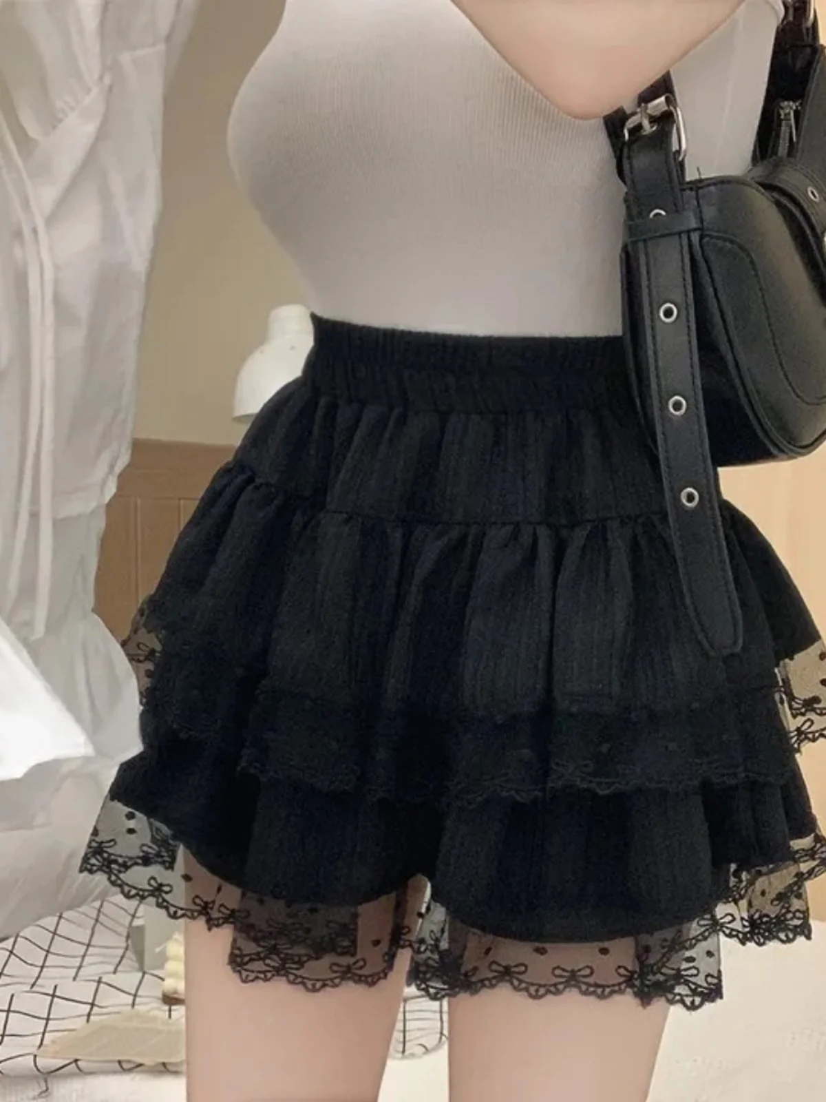 falda de Cintura Alta con Encaje Estilo Coreano, Falda Nea para Mujer, Falda Tipo Pastel, Falda Corta Anti-Transparenci...