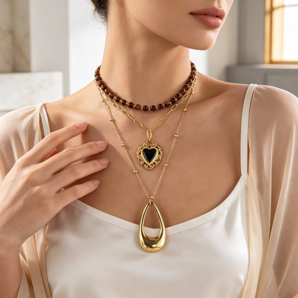 Retro Natürlicher Tigerauge-Stein Herz Hohler Wassertropfen Anhänger Halskette für Frauen Männer Mehrschichtige Tropfenform Stapelbare Choker-Schmuckstücke – Detail 13