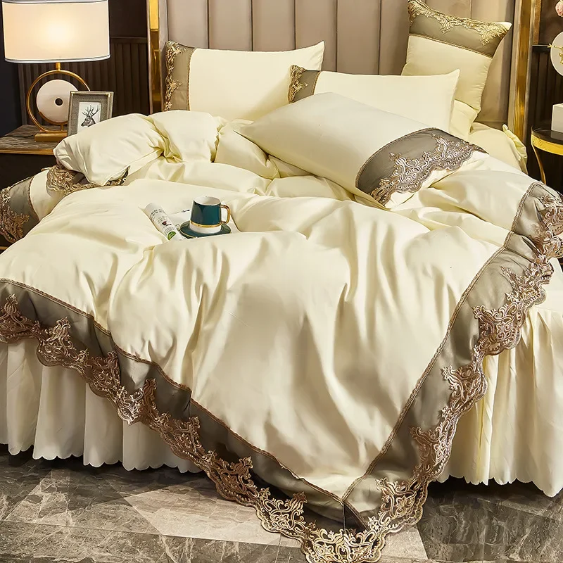 New Skincare Polished Light Luxury European Style Embroidery Four Piece Set Solid Color Lace Bed Skirt Four Piece Set