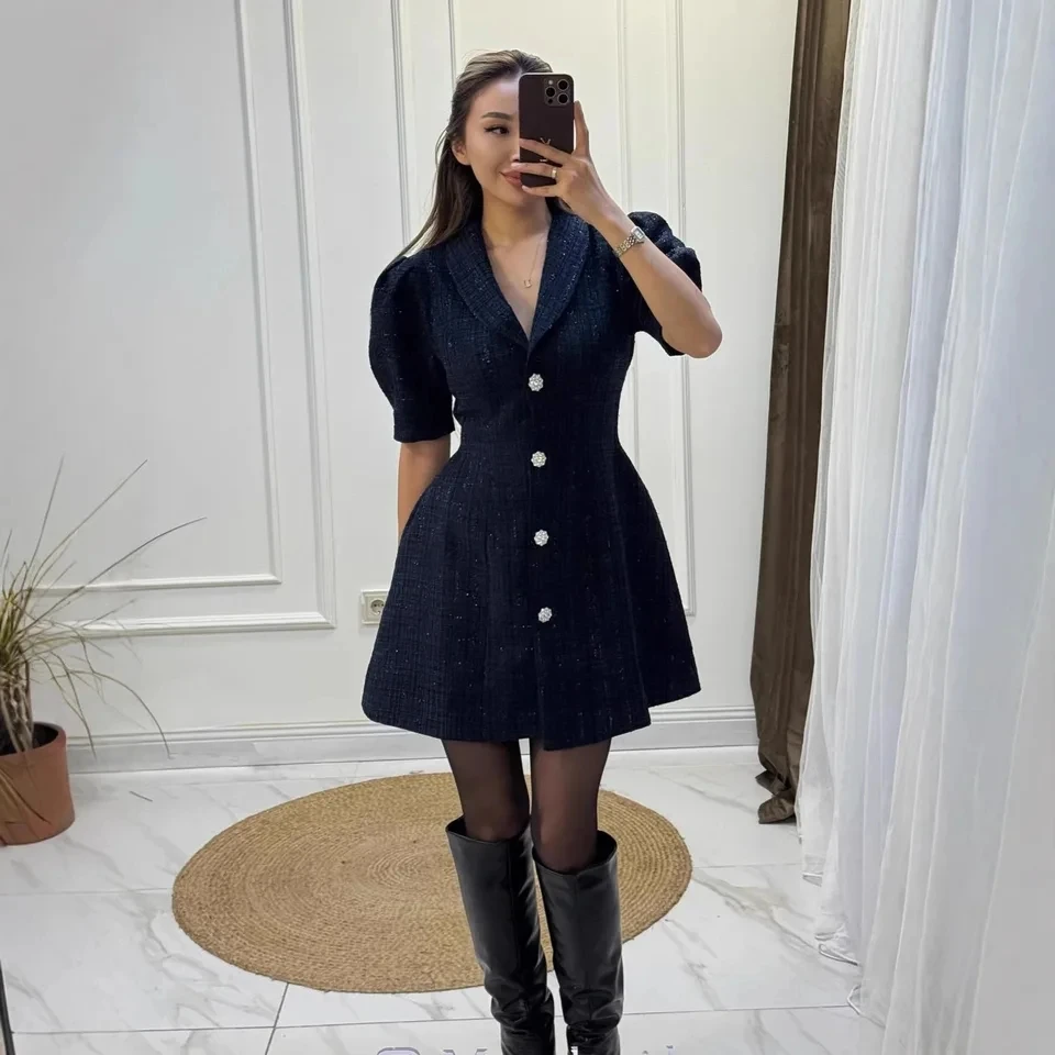 

2026 Autumn New Turn Down Collar Button Woolen Short Sleeve Dress Women Pure Color Short Style Elegant Warm Fashion