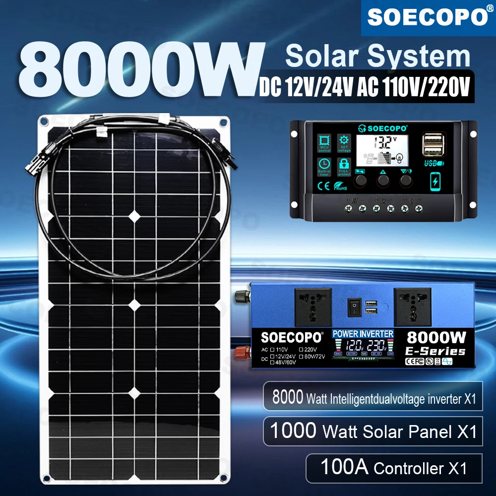 

8000W No Interference Peak Solar System Kit Panel（1000W）Stable Power Inverter Controller Complete Off Grid For boat emergency