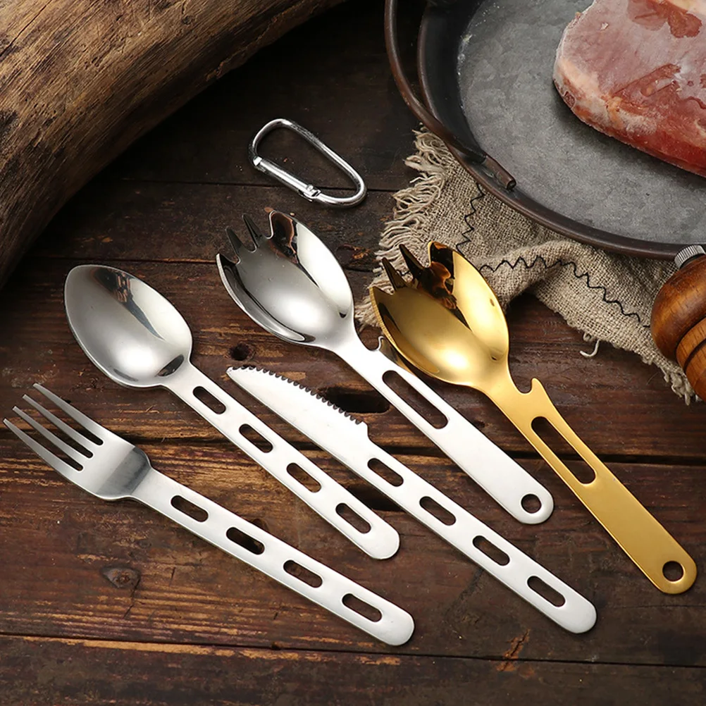 

2pcs Multi functional Stainless Steel Camping Spork Reusable Fork Spoon Combine Outdoor Utensil Kit Can Openers Travel Metal