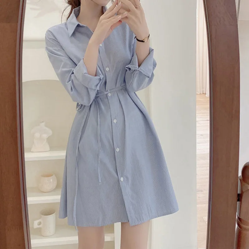 Plus Size Simplicity Polo Neck Blouse Spring Long Sleeve Loose Striped Street Casual Shirt Tops Vintage Fashion Women Clothing