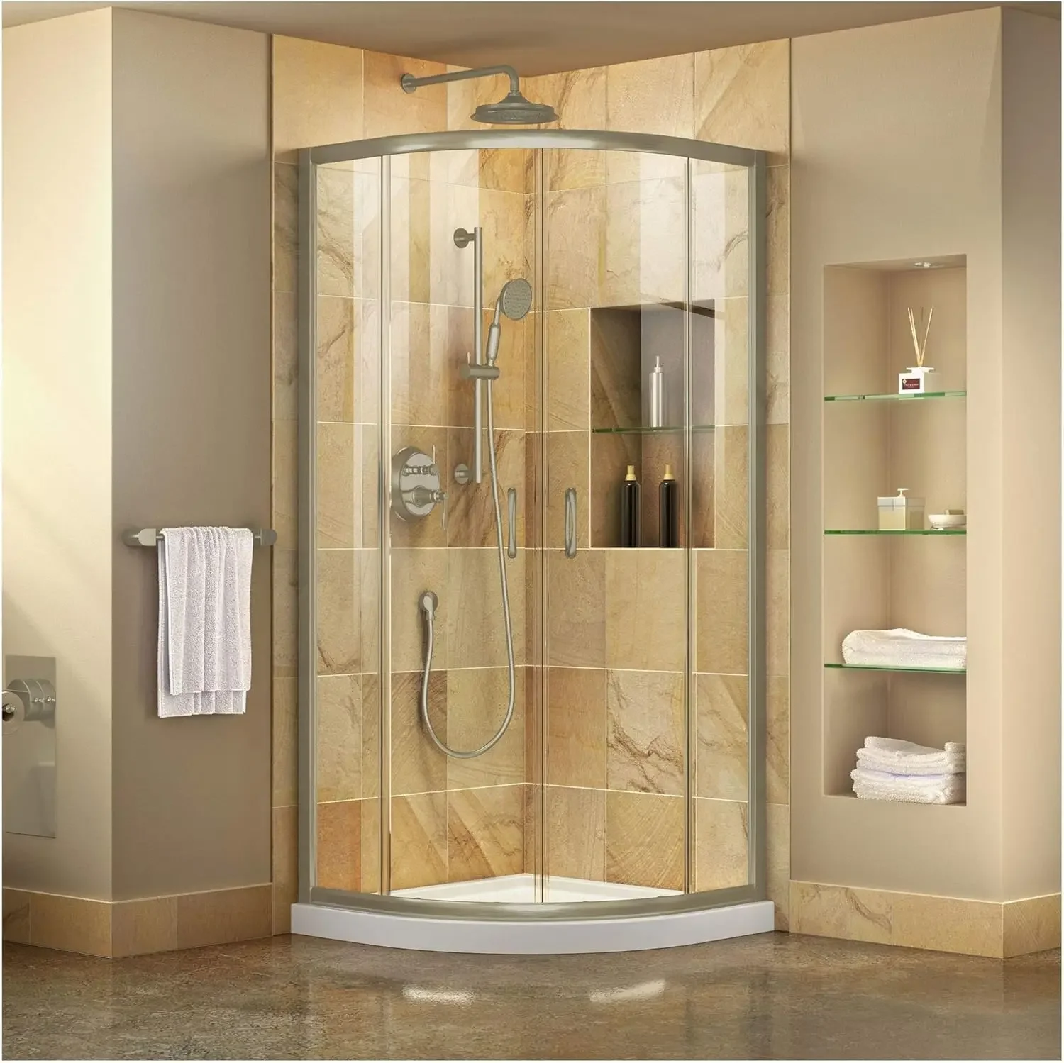 Semi Frameless Clear Glass Sliding Shower Enclosure in Brushed Nickel with White Base Kit Perfect for Smaller Spaces