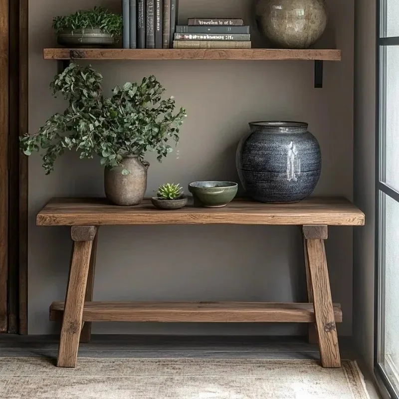 Solid Wood Flower Stand,Multifunctional Seat Stool, Rustic Home Decor,Vintage Plant Holder, Creative Distressed Bench for Garden