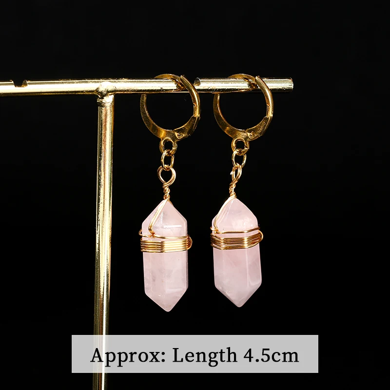 Change Better Natural Black Agate Pink Quartz Tiger Eye Stone Hexagon Dangle Earrings Women Reiki Healing Crystal Hoop Earring