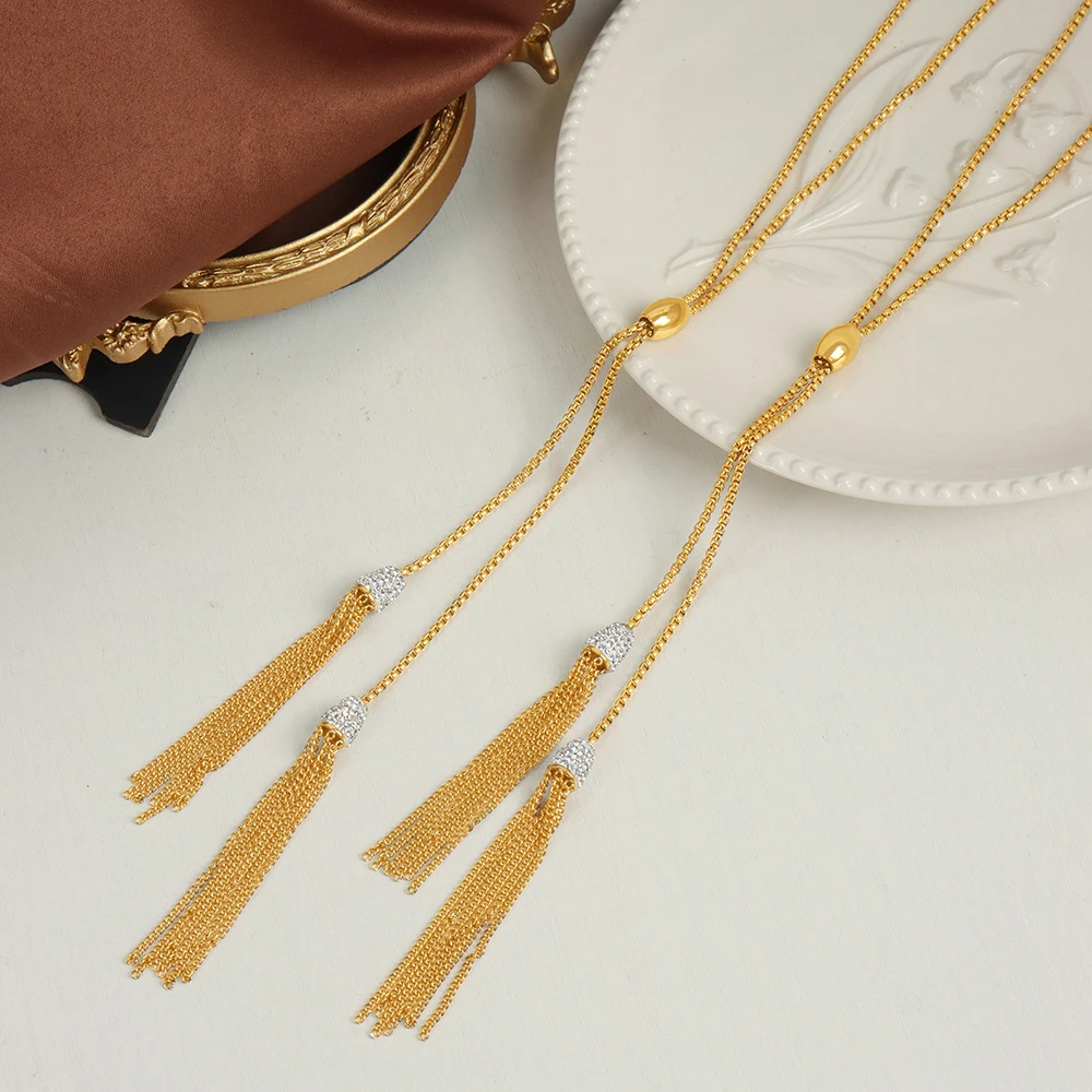 Golden Stainless Steel Necklace For Women Thin Box Chain Long Tassels Rhinestone Women  Collar Choker Waterproof Wedding Jewelry