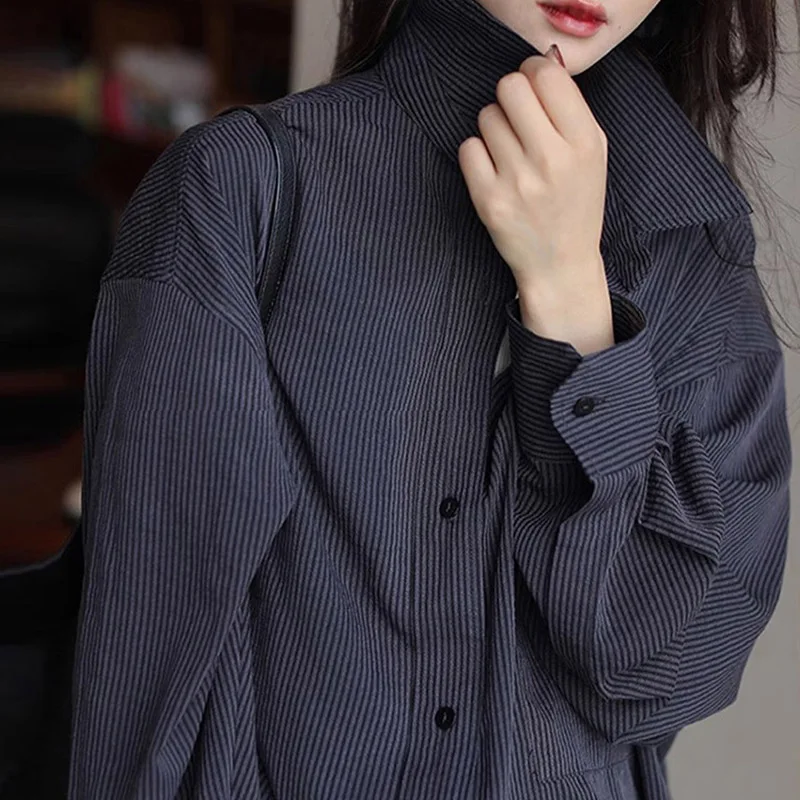 Chemisiers Vintage pour femmes, chemises décontractées rayées, mode ample, vêtements coréens, manches longues, hauts pour femmes, printemps automne