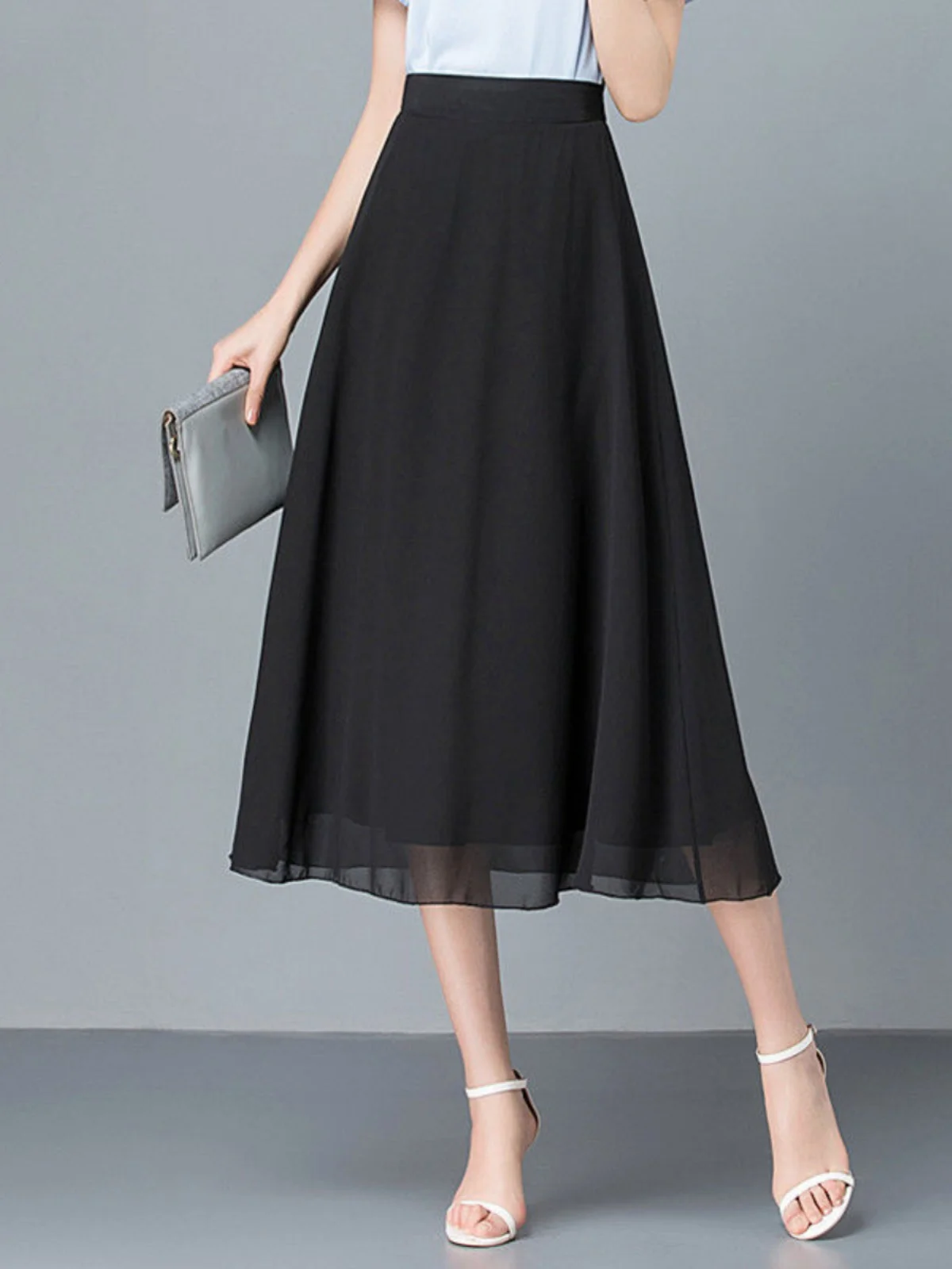 

High Waist Double Layered Chiffon Midi Skirt Women's Summer New Sle A-Line Skirt Slimming Umbrella Skirt plus Size