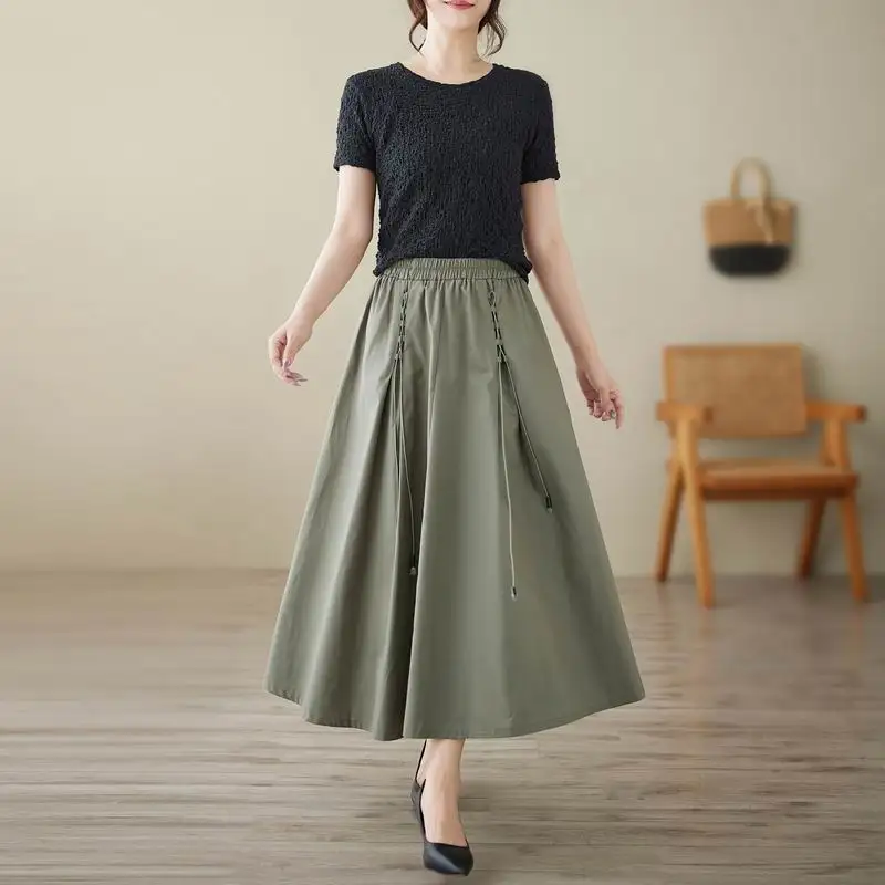 Jupe mi-longue ample en coton et lin pour femmes, décontractée, grande taille, taille haute, ligne a, jupe parapluie pliable, printemps automne