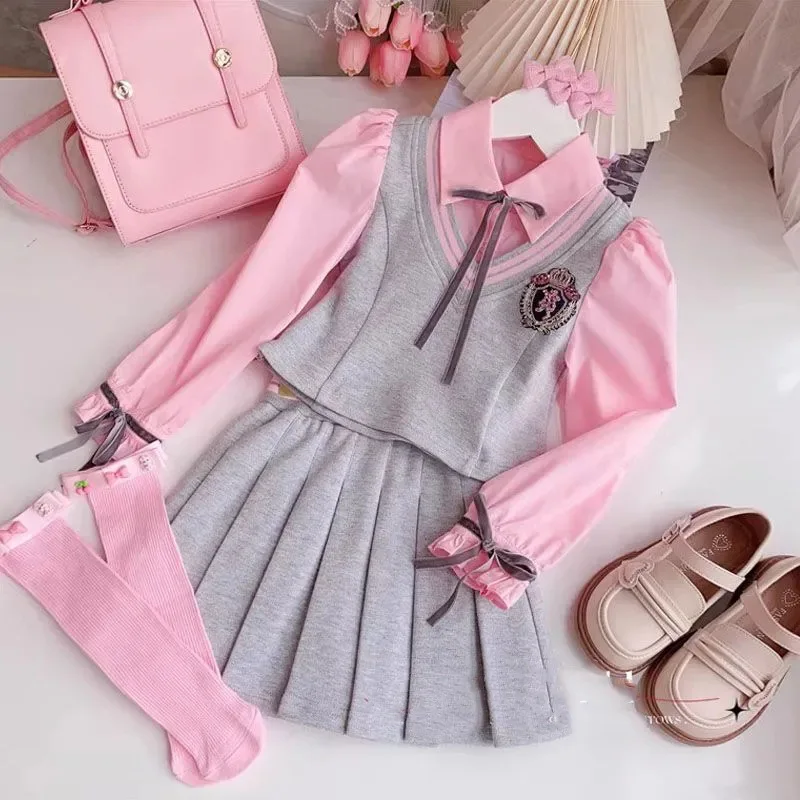 2pcs 2024 new summer spring Collegial children set teenager Girls Clothes bow blouse shirt + JK pleated Skirt 4 8 9 10 12 Year