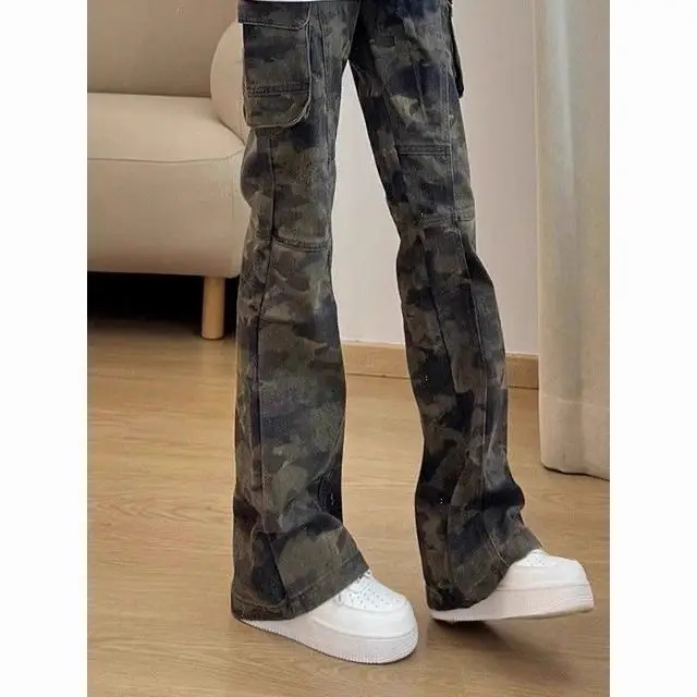 Retro Velvet Camouflage Jeans Micro-pull Tooling Men's High Street Slim-fit Long Pants Wide Leg Denim Clothing Jeans for Men