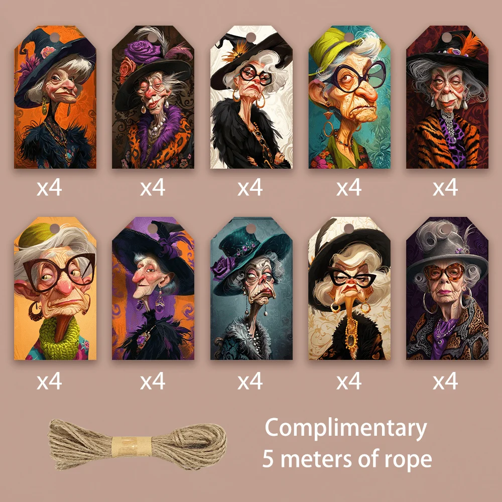 40pcs, Gift Tags, Funny Fashion Witch Granny Art, Hanging Paper Labels for Gift Wrapping, Holiday Party Decor with String