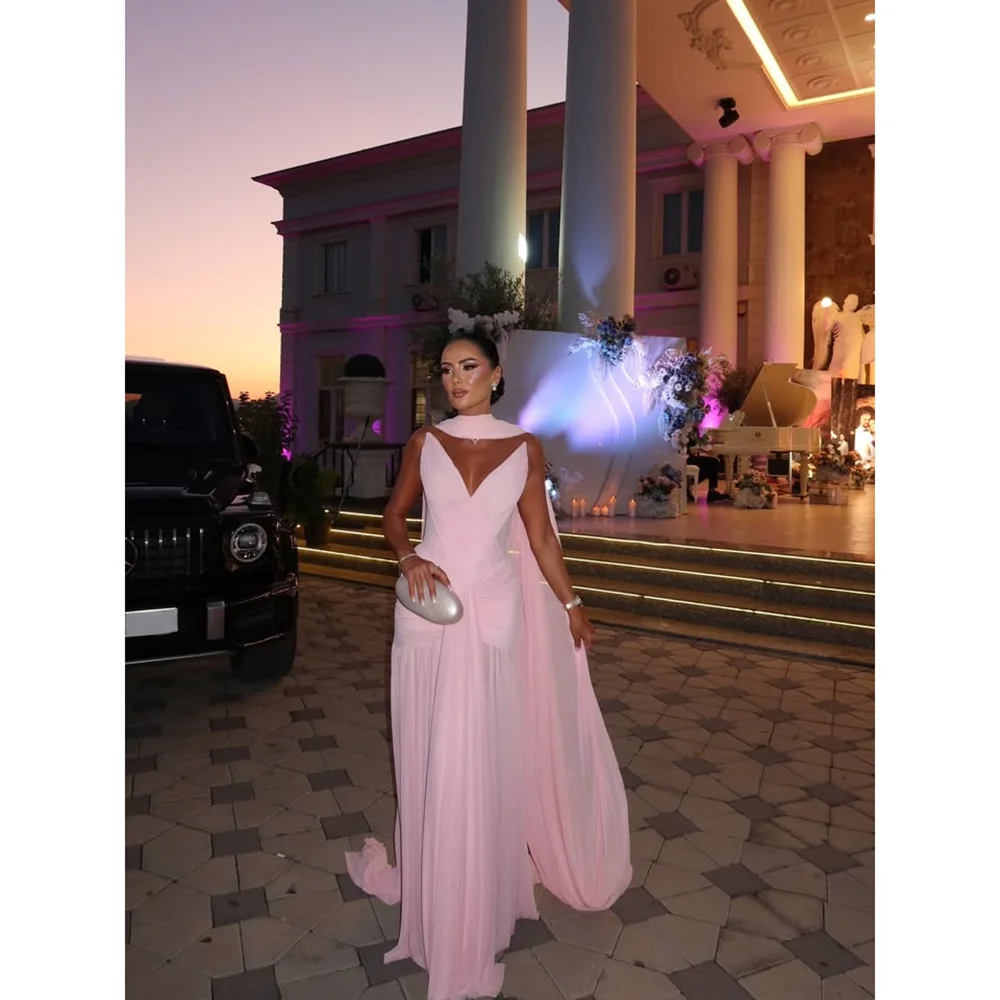 Vestido de noite rosa sexy com decote em v sem mangas plissado chiffon sereia vestidos de noite com ccarf vestidos de festa formais personalizados