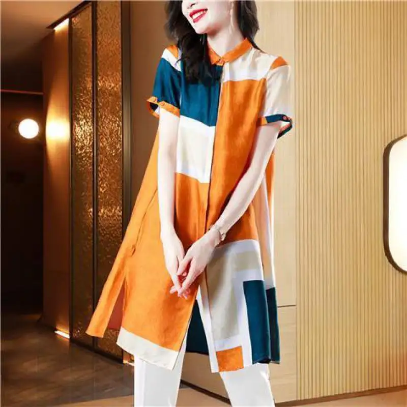 

Shirt women's 2022 summer new loose mid-length short-sleeved printed mulberry silk shirt top vestido feminino