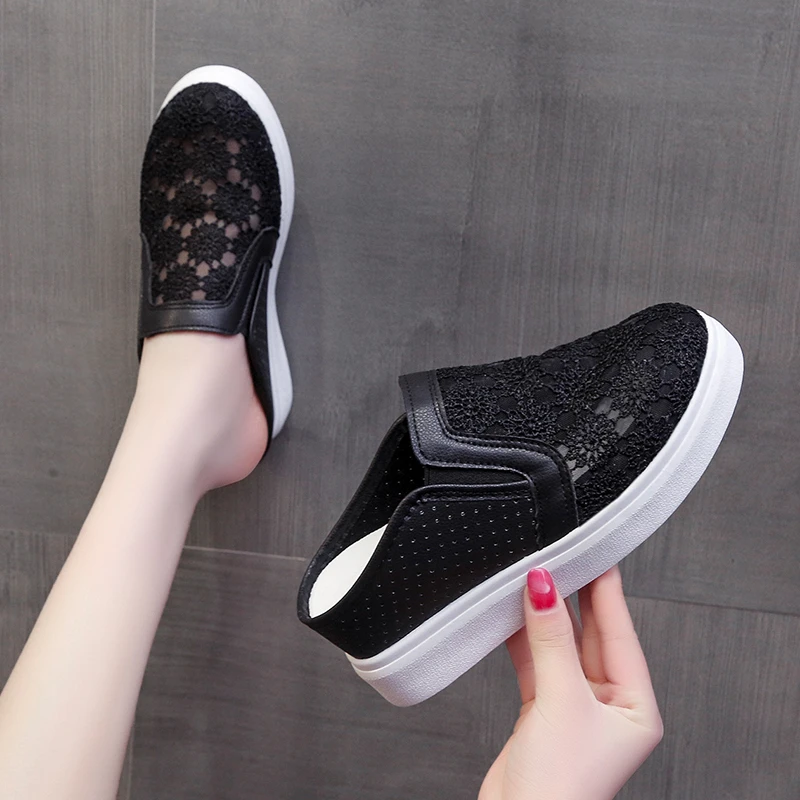 Summer New Style Mesh Increased Thick-soled All-match Sandals and Slippers Baotou Casual Wedge Heel Half Slippers for Women