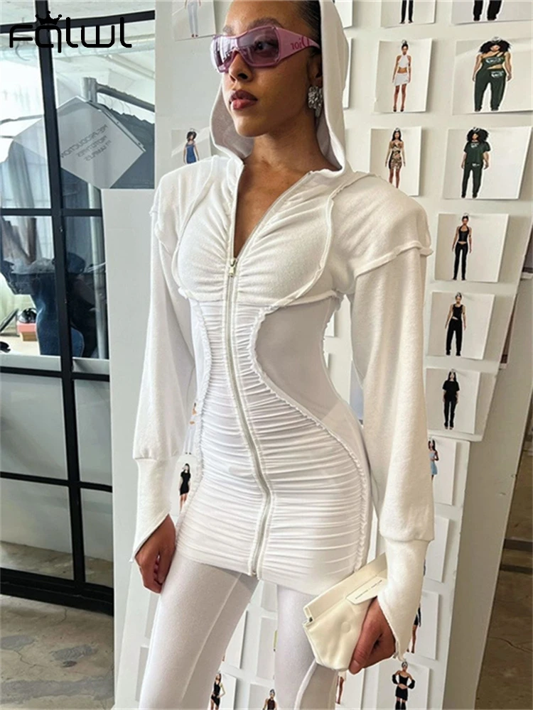 Habbris Winter White Ruched Zip-Up Hooded Mini Dress Streetwear Outfits For Women 2024 Long Sleeve Patchwork Casual Party Dress