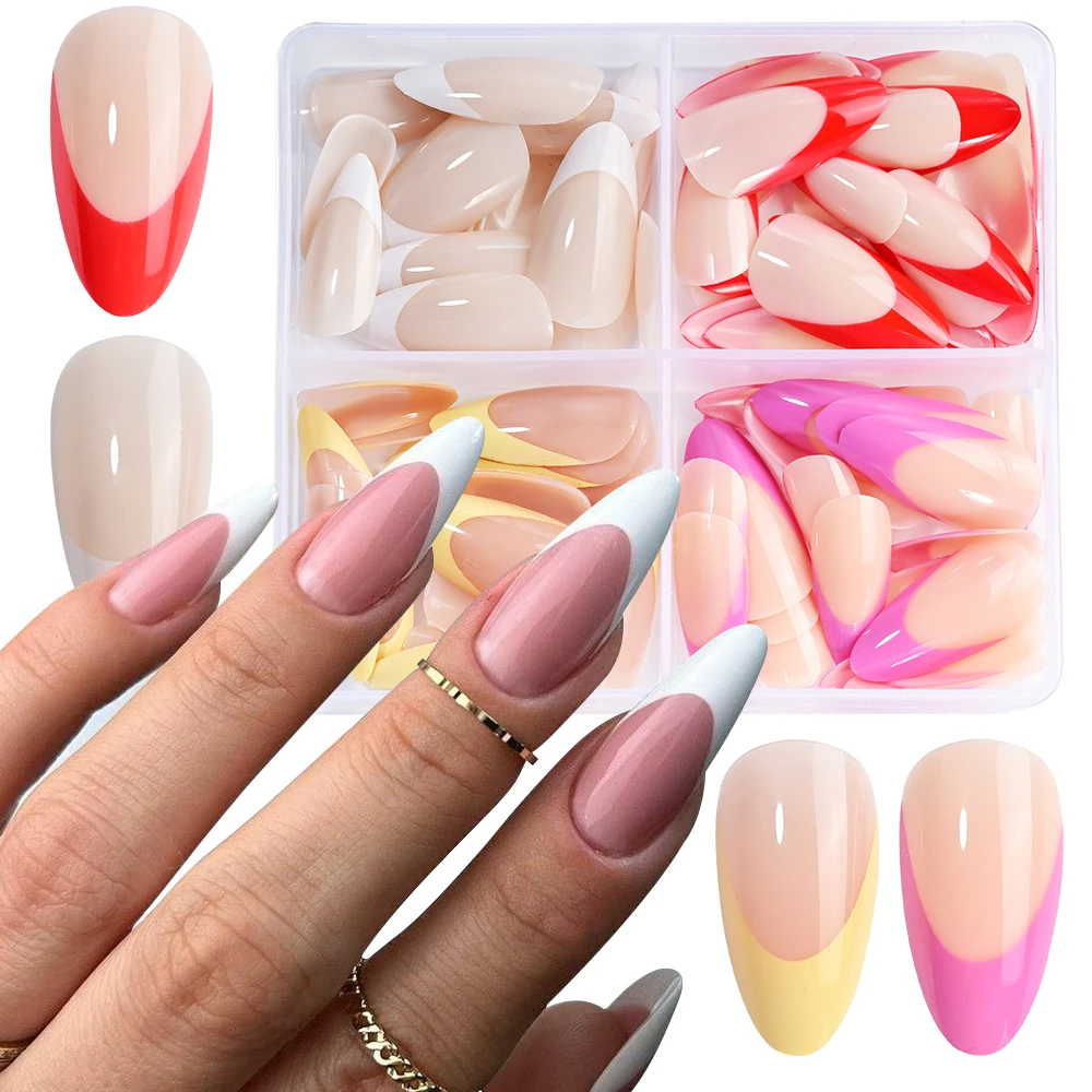 96 piezas de uñas postizas de almendra francesa, borde rojo/blanco/rosa/púrpura, cobertura completa, puntas de uñas postizas usables de Navidad para mujeres